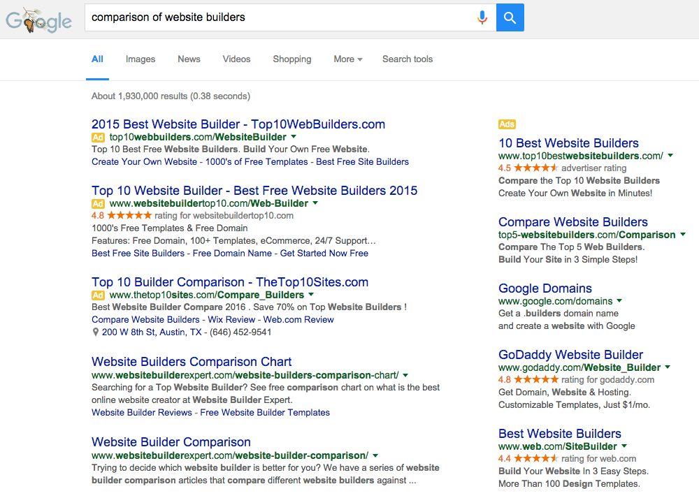 Screenshot of google search for "Comparison of Website Builders" 